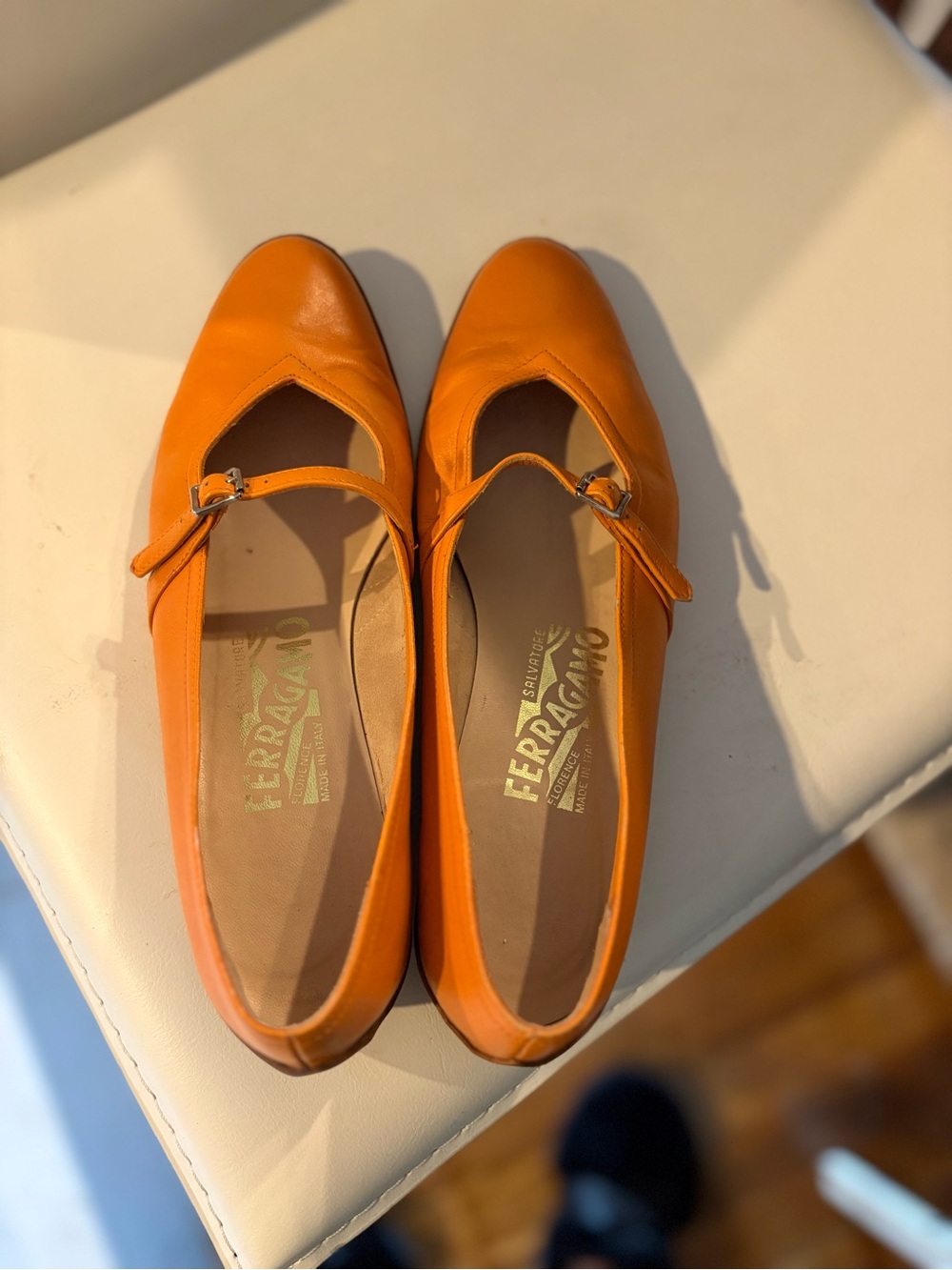 Salvatore Ferragamo Orange Leather Slip-On Flats